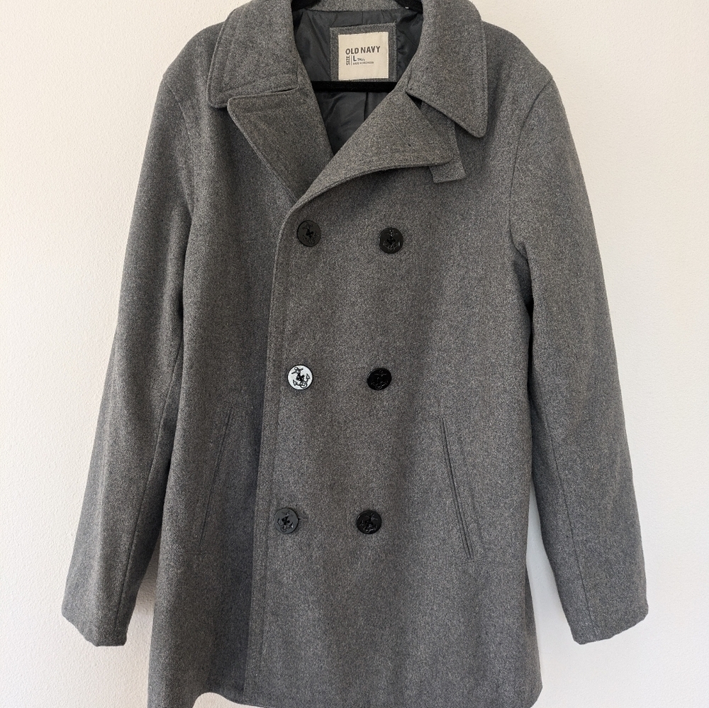 Vintage Old Navy Men's Wool Gray Double Breasted Peacoat size L Tall Classic - Picture 4 of 12